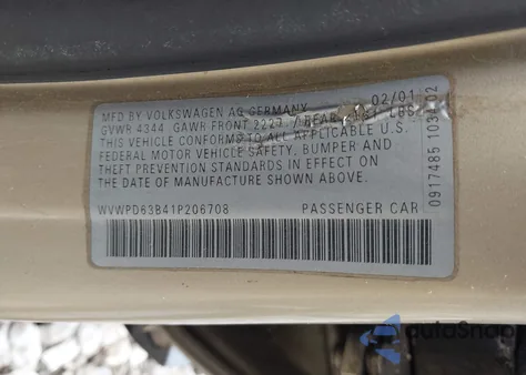 2001 Volkswagen Passat Gls from USA, damaged, VIN WVWPD63B41P206708